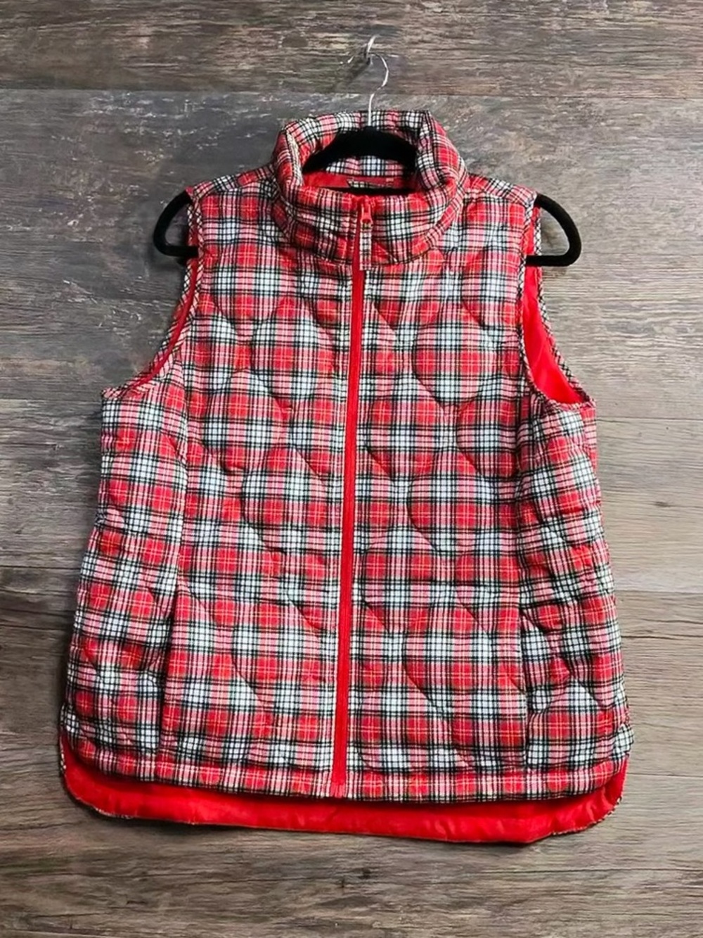 Lands' End Red Plaid Quilted Puffer Vest